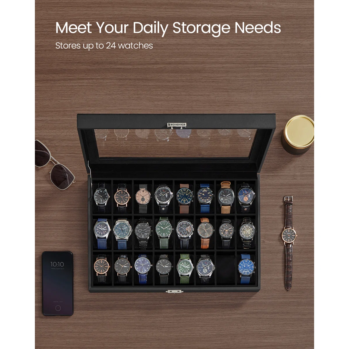 Lockable Watch Case, 24-Slot Watch Box, Watch Organizer With Glass Lid, Gift Idea - Image 4