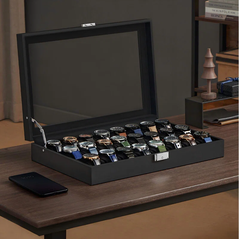 Lockable Watch Case, 24-Slot Watch Box, Watch Organizer With Glass Lid, Gift Idea